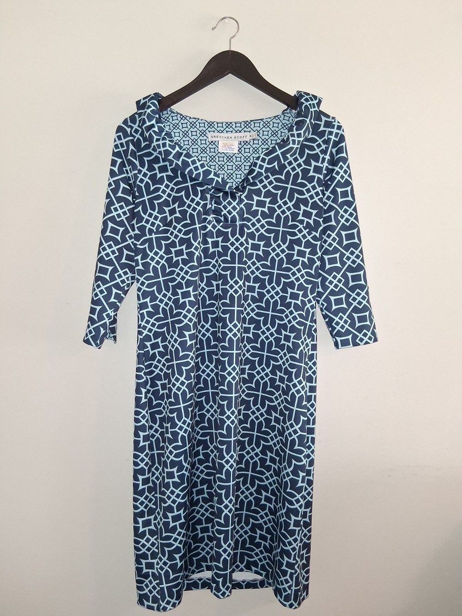 Gretchen Scott Dress Womens Medium Ruffle Neck Blue Geometric 3/4 Length  Sleeve