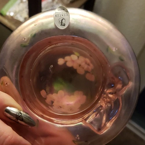 Fenton Hand Painted Art Glass Hat Figurine Pink Green White Floral Flowers