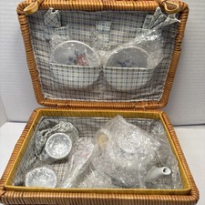 Miniature Porcelain Doll 10 Piece Floral Tea Set for 2 in Wicker Picnic Basket