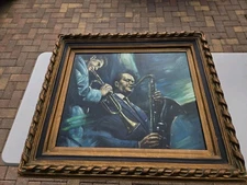 Painting On Canvas Jazz Musicians Saxophone Trumpet OOAK Framed Signed 28x32