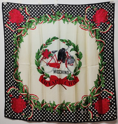 Moschino Cheap & Chic vintage silk scarf w Polkadots, Ribbons, Bicycle & Floral