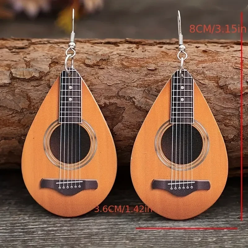 Pendientes colgantes de madera con forma de gota de agua con forma de ukelele elegantes regalos navideños para mujer Foto 2 de 4