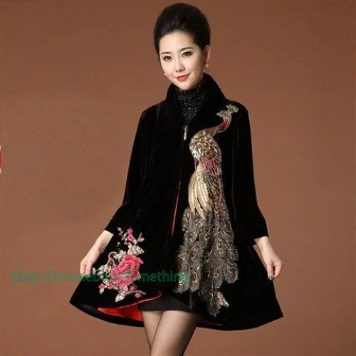 Mujeres Terciopelo Largo Lentejuelas Bordado Estilo Chino Gabardina Parka Chaqueta Retro Foto 2 de 4