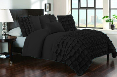 New Waterfall Half Ruffle Duvet Cover set 1000TC 100%Egyptian Cotton Black King