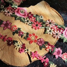 Bold Flower Embroidered Lace Trim Red Floral Ribbon DIY Sewing Border Heavy Lace
