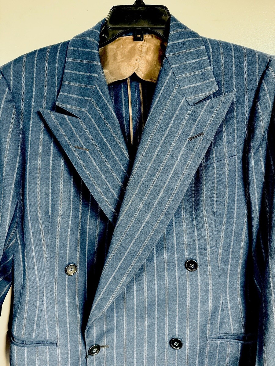 VTG 1940s British Guild Blue Wool Pinstripe Double Breasted Peak Lapel Jacket 38