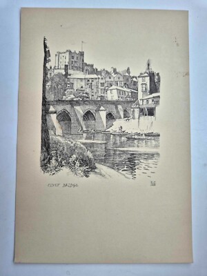 Antike Bleistiftzeichnung Druck 1920 Durham Skizze Elvet Bridge