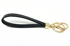 Black leather wristlet key fob with gold lobster claw for handbag wallet key