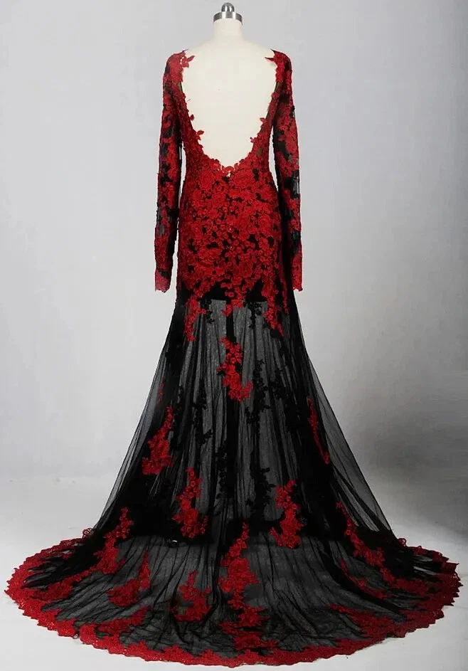 Vestidos de noiva góticos preto e vermelho sereia apliques de renda vintage sem costas - Imagem 2 de 4