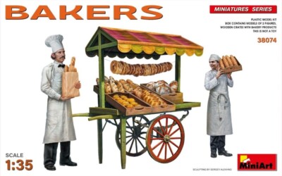 Miniart 1/35 Bakers (2) w/Wooden Crates, Carts & Products  #38074  USA 