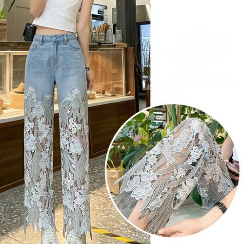 Lady Jeans Denim Pants Trousers Lace Splice Embroidery Floral Hollow Casual Chic - 第 14/23 張圖片