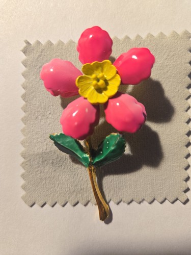 Unsigned Vibrant Vintage Hot Pink 1960'-70's Enamel "Flower Power" Stem Brooch