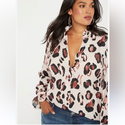 ELOQUII Womens Printed Button Up Top Size 14 Ruffle Neck Long Sleeve Office