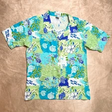 Vintage 90s Paradiso Patchwork Tropical Fish Print Beaded Button Up Shirt Beach