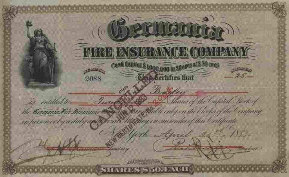 Germania Fire Insurance Company 1883 New York 25 Sh. HENRY BRINKER Alsenz Pfalz - Bild 1 von 1