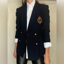 Vintage Ralph Lauren Monogram Crest Double Breasted Navy Blazer - Made in USA