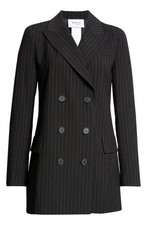 NEW, Akris pinstripe wool blend crepe long blazer in Black/Ivory Sz 16 SJ2661