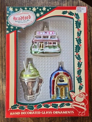 Bradford Novelty glass Christmas ornaments featuring a retro diner theme.