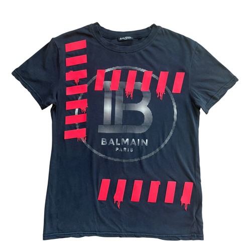 Balmain, Balmain Paris Mens Graphic T-Shirt Black Red Tape Drip Logo XS