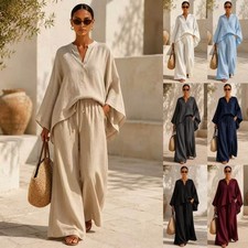 Women V Neck Shirt Set Loose Fit Solid Color Casual 2 Piece Outfit