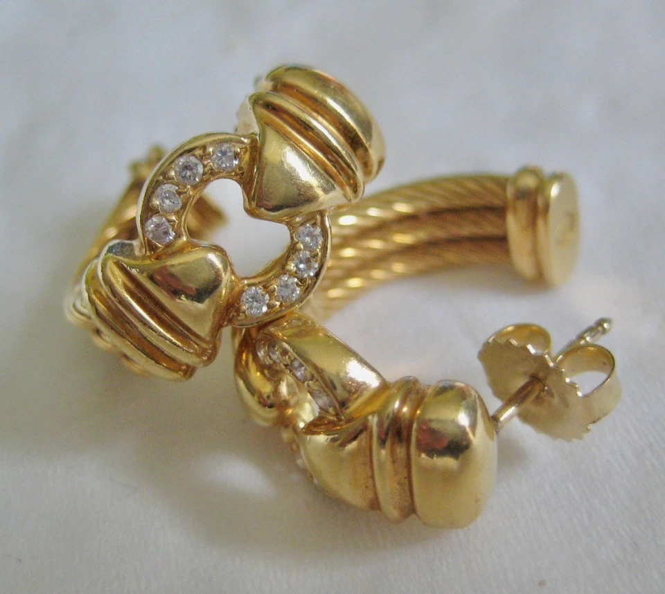 Pendientes de medio aro con cable de diamantes Philippe Charriol de oro amarillo de 18 quilates Foto 4 de 4