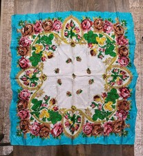 Vintage 70s Rayon Made in Japan Hand Rolled Floral Rose Silky Scarf 31" x 30"