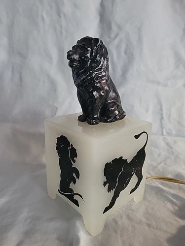 Antique 30s ART DECO Lion Milk Glass Block Cube LAMP White Black