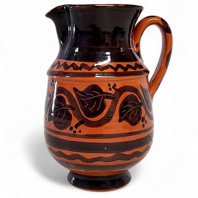 Hand Thrown Terracotta Glazed Pottery Pitcher Orange/Black Hand Painted 6''