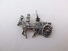 Vintage Sterling Silver 925 Horse Drawn Wagon Pendant Charm Signed 542C