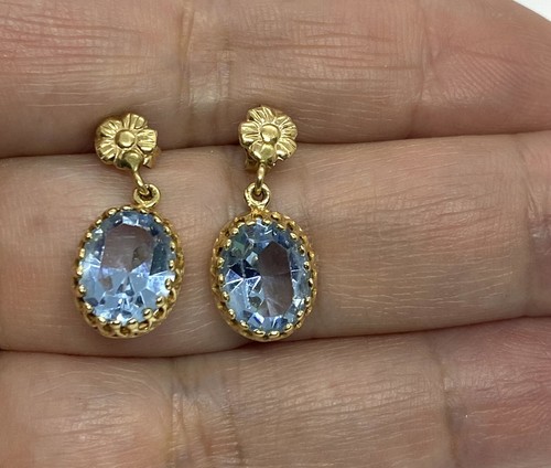 Vintage 14K Gold Blue Topaz Post Dangle Earrings 3.05g 0.3/4 x 0.3/8"