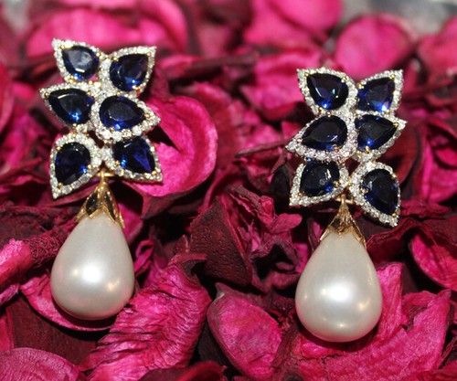 2.74ct Natural Round Diamond 14K Yellow Gold Pearl Blue Sapphire Earrings - Picture 11 of 12