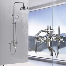 Brushed Nickel Exposed Shower Faucet Set 8" Rain Shower Head Combo Shower System