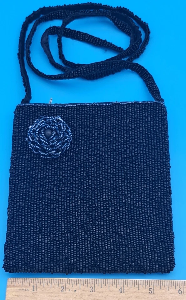 Bolso cruzado con cuentas vintage de hombro negro noche elegante con cuentas flor de vidrio Foto 3 de 4