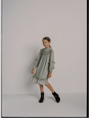 Zara Kids Girl Ruffled Dotted Mesh Dress Green size