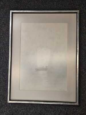 Original Watercolor Painting of Boat in Fog Signed by Yamashita, Framed in Tokyo