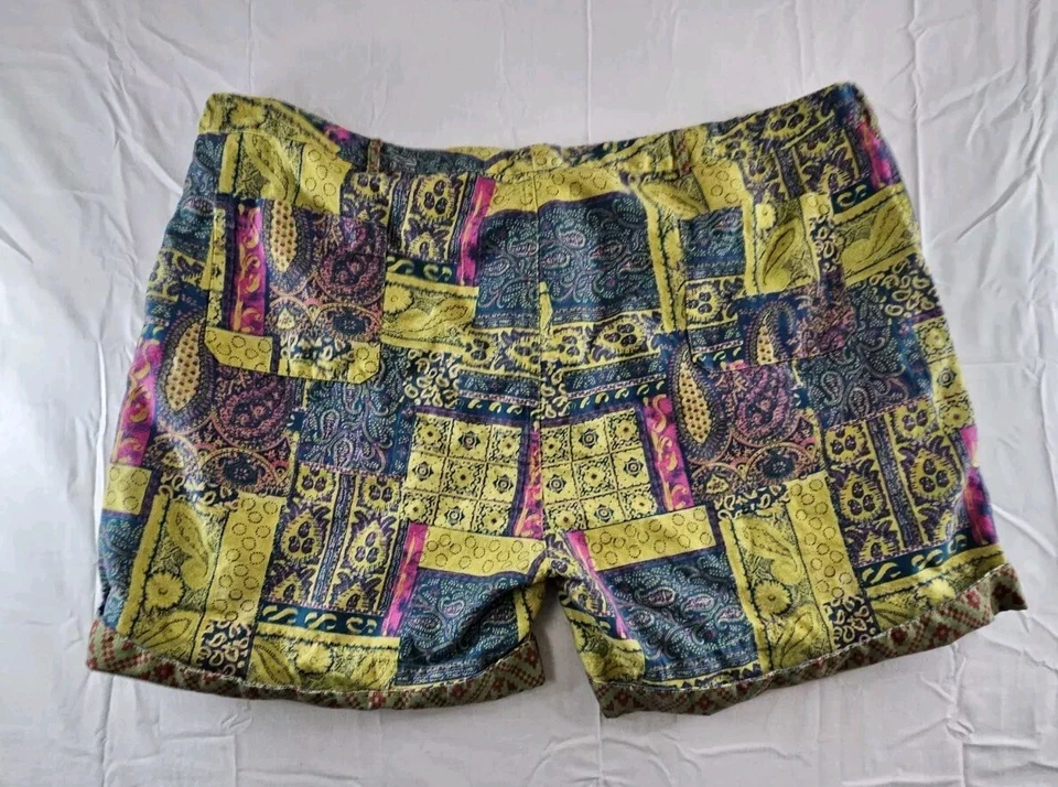 Sundance Kalini Shorts Womens 2XL Yellow Linen Blend Floral Boho XXL Patchwork  - Image 2 of 4