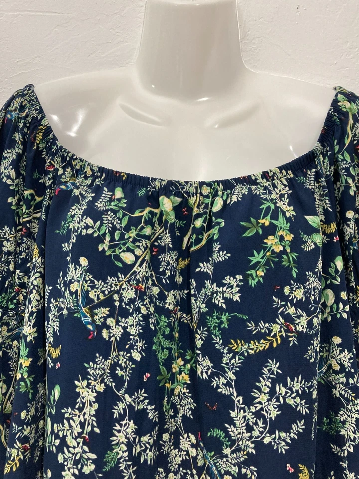 Voom by Joy Han Lined Mini Dress off shoulder Bell Sleeves Eyelet Floral Blue L - Image 3 of 4