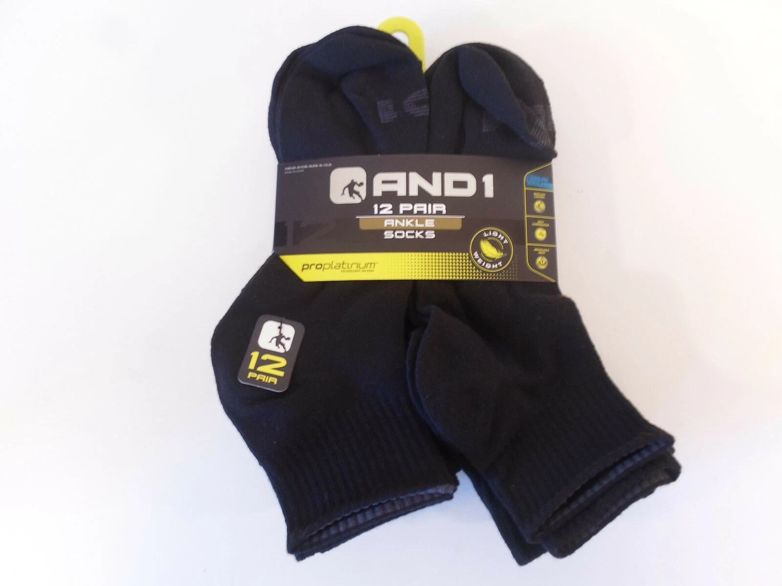 LIGHTWEIGHT STYLE AND1 Black 12 Pair ProPlatinum Ankle Socks