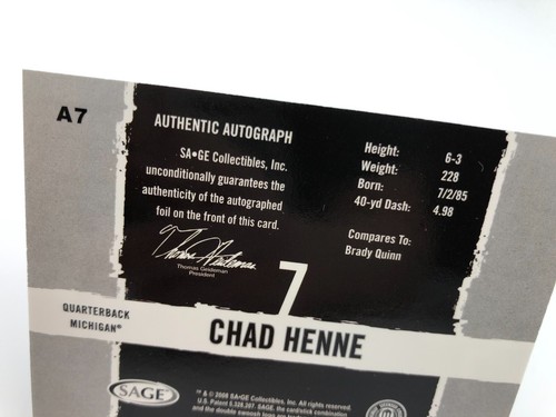 2008 CHAD HENNE ROOKIE AUTO Sage HIT GOLD SP/250 Card CHIEFS DOLPHINS MICHIGAN - Picture 7 of 8