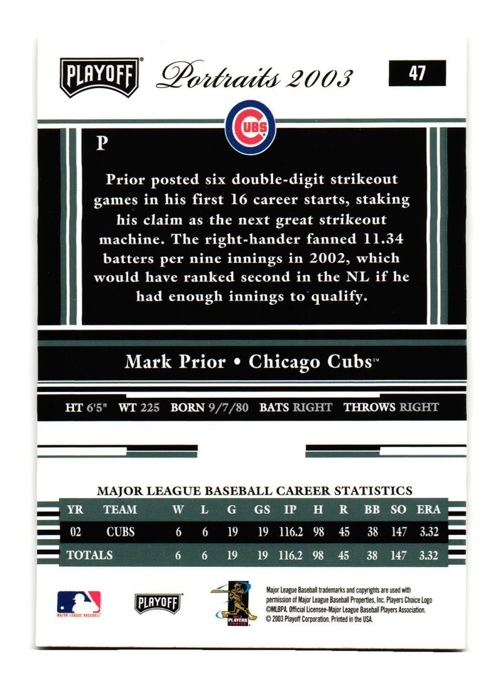 2003 Playoff Portraits #47 Mark Prior Chicago Cubs - Image 2 of 2