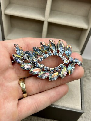 Vintage Costume Jewelry Brooch Blue Aurora Borealis Crystal 1950s Dazzling 