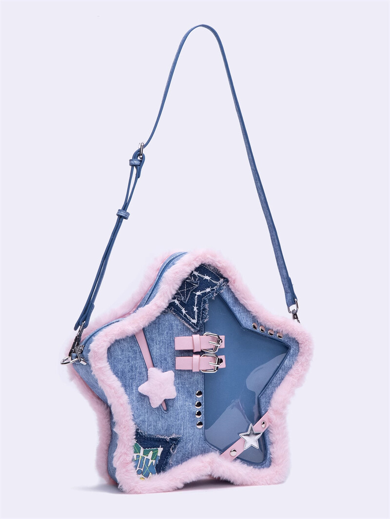 Denim Blue Pink Five-pointed Star Itabag Plush Backpack Women's