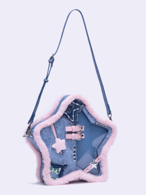 Denim Blue Pink Five-pointed Star Itabag Plush Backpack Women's