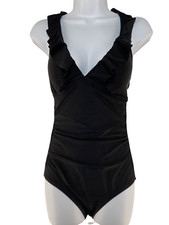 Kona Sol One Bunive Women's Ruffle High Coverage One Piece Swimsuit Black Size:S