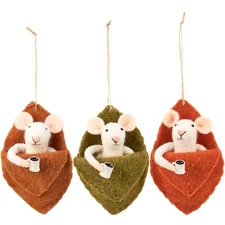 Primitives By Kathy Fall Felt Mice Leaf Bed Coffee Cup SET of 3 Critter Ornament