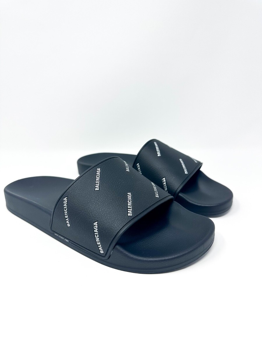 サンダル BALENCIAGA LOGO SLIDE SANDALS Balenciaga All over Logo Slide Sandal Black/Silver 7 US / 40
