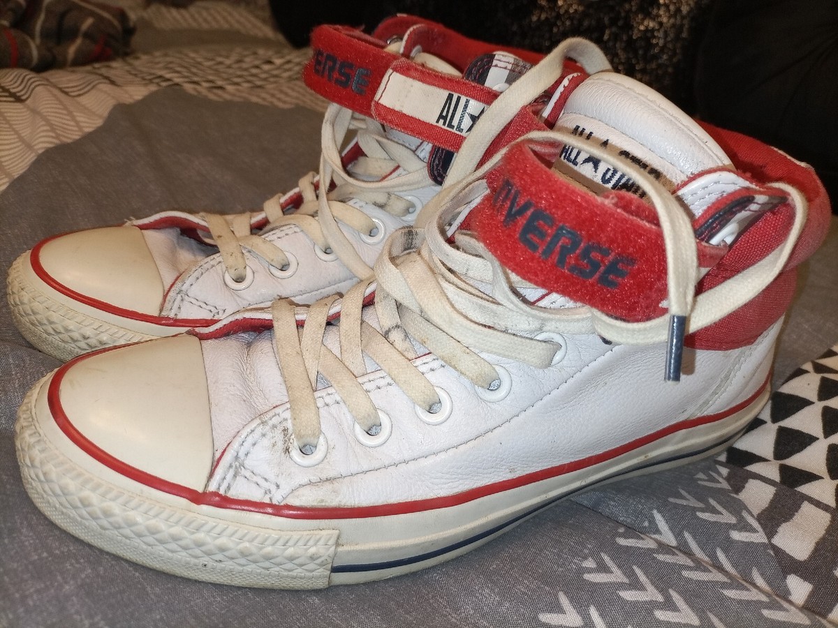 Converse All Star Trainers White Red Leather Hi Tops Sz7