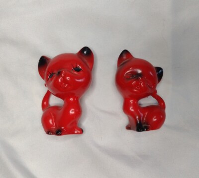 Vintage 70s Ceramic Cat Figurines Red Black Decorative Ketchiki 3