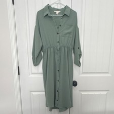 Monteau Green Collared Shirt Dress Midi Button Drawstring Long Sleeve XL