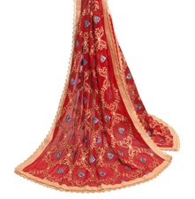 Sushila Vintage Red Blend Chiffon Silk Dupatta Floral Embroidered Long Stole Vei